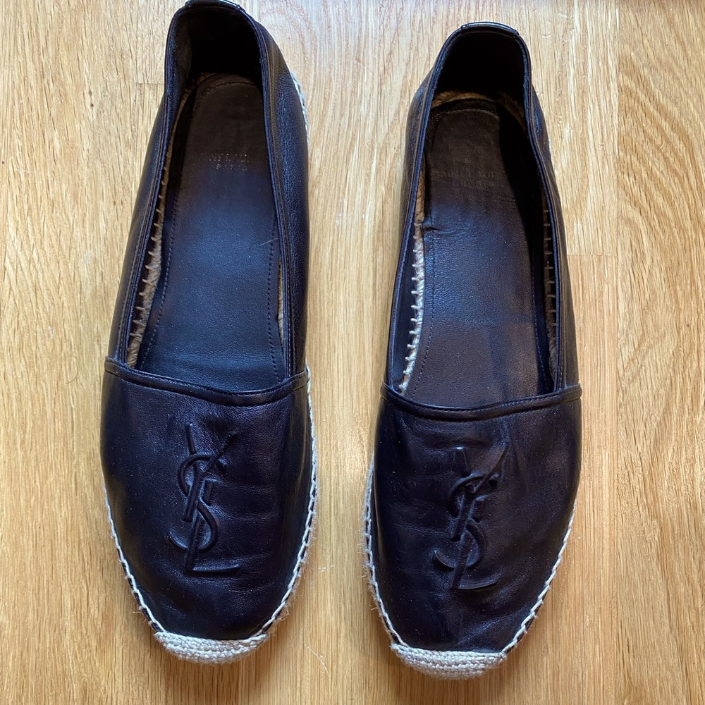 Sleek leather espadrille flat w/ embossed YSL logo
